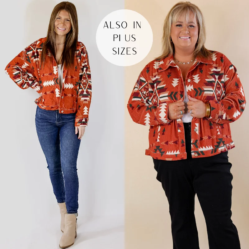 Women's Trendy Apparel Signature Moves Aztec Print Jacket with Crystal Fringe in Rust Orange
