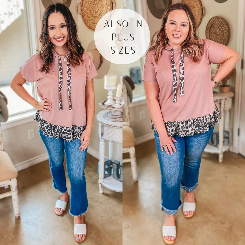 Comfortable Women's Clothing Take a Hike Short Sleeve Leopard Peplum Hoodie Top in Mauve Pink