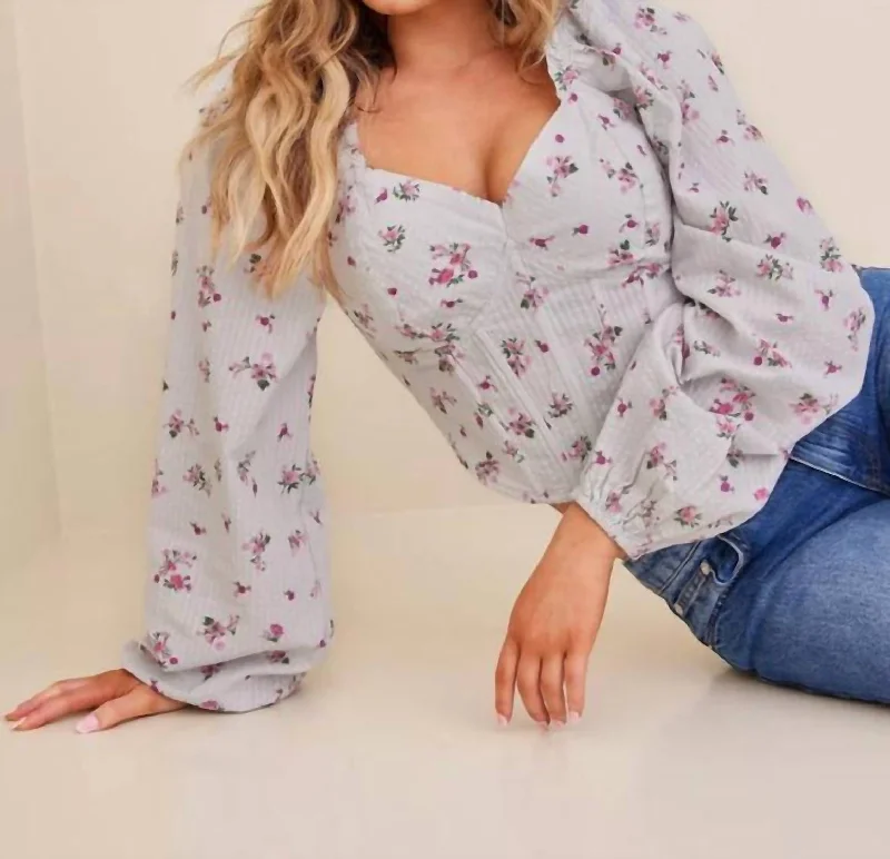 Women's Travel Attire Polina Long Sleeve Crop Top In Blue/pink Floral