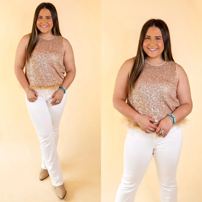 Women's Fashionable Attire For Work Causing Compliments Sequin Tank Top with Feather Trim in Champagne