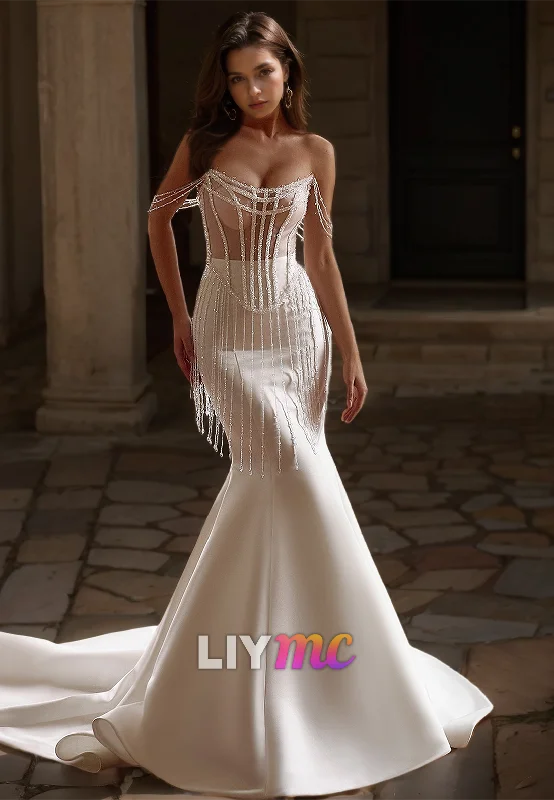 Women's Vintage Clothes Off-Shoulder Strapless Corset Sleek Frindge Beaded Mermaid Wedding Dress