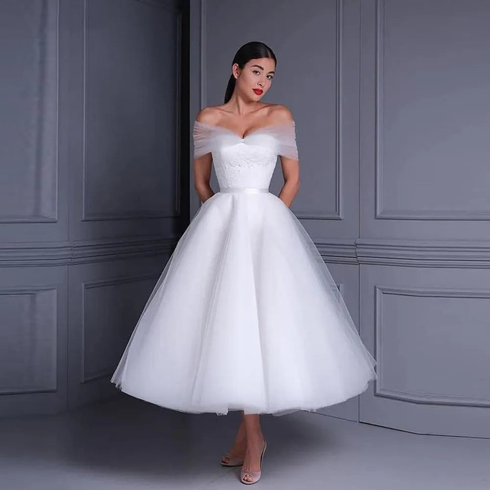 Comfortable Women's Attire Elegant Beautiful Sweet Short Off Shoulder Gauze Wedding Dresses Princess Beaded A-shaped Pretty Gorgeous Dresses