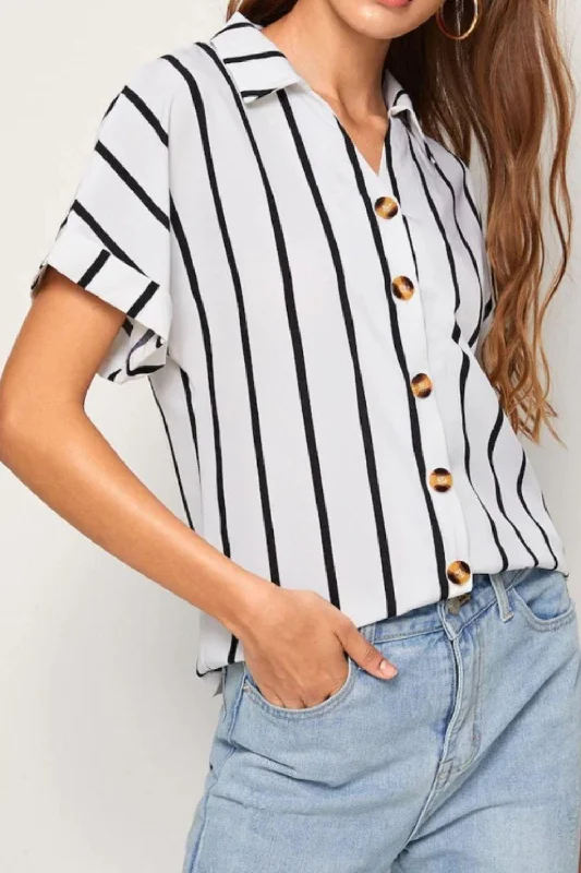 Women's Work Apparel D&Y Striped Button Up Short Sleeve Shirt