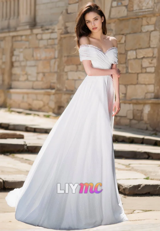 Women's Work Apparel Off-Shoulder Sleeveless Pleated Sleek A-Line Simple Wedding Dress