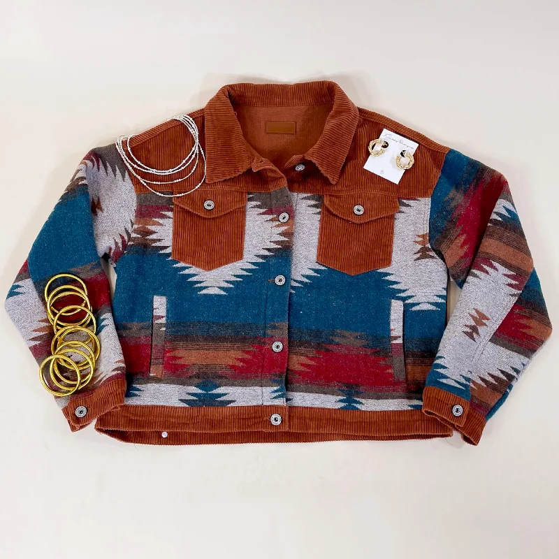 Women's Elegant Apparel Hard To Forget Aztec Print Button Up Jacket with Corduroy Trim in Rust Orange