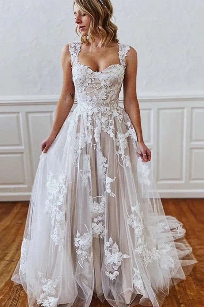Women's Professional Garments A-line Wedding Dress with Straps Sweetheart Lace Appliques Bride Dress