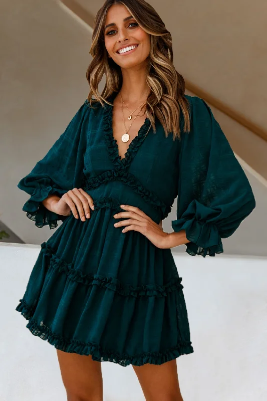 Women's Holiday Clothing Laney Cutout Back Balloon Sleeve Dress Forest Green