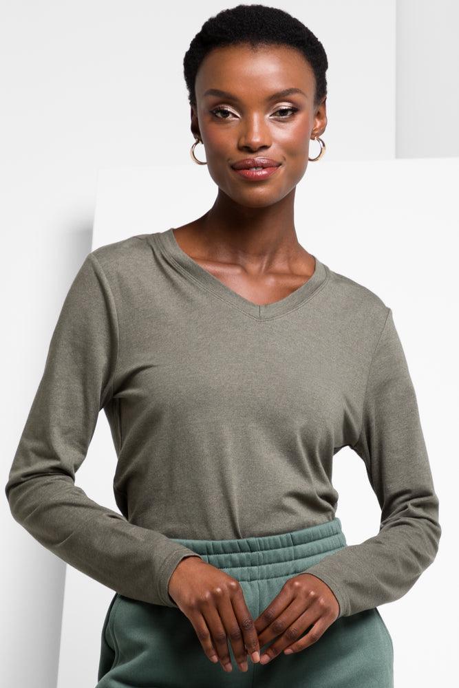 Women's Office Clothing Long Sleeve V-Neck T-Shirt Green