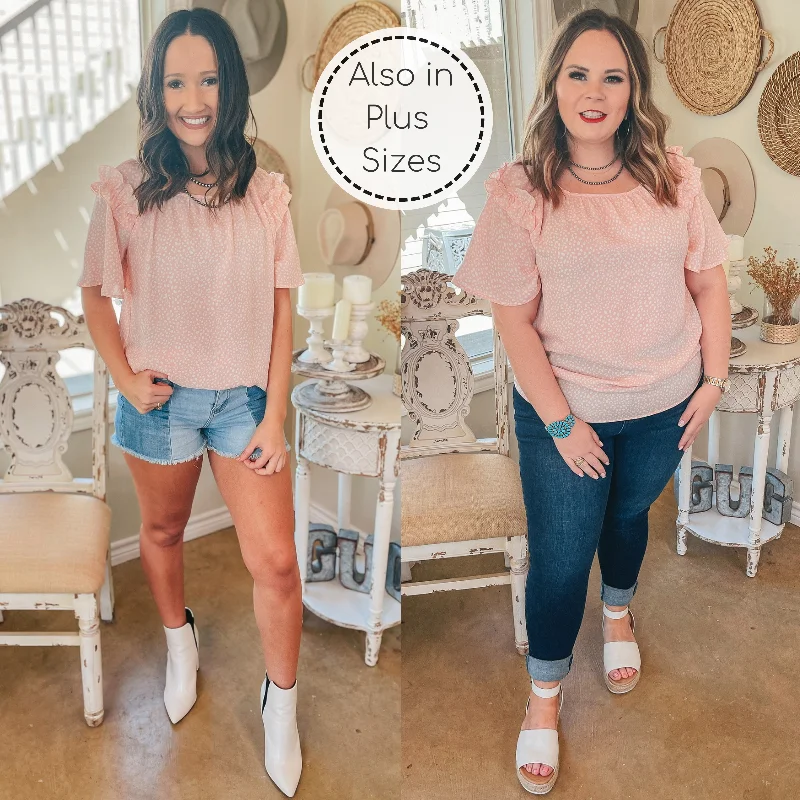 Women's Apparel And Garments Last Chance Size Small, Medium & 2XL | Blissful Views Dotted Short Sleeve Top with Ruffle Shoulders in Peach Pink