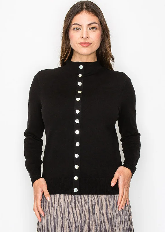 Charming Women's Holiday Apparel Black Sweater with Elegant Button Trim