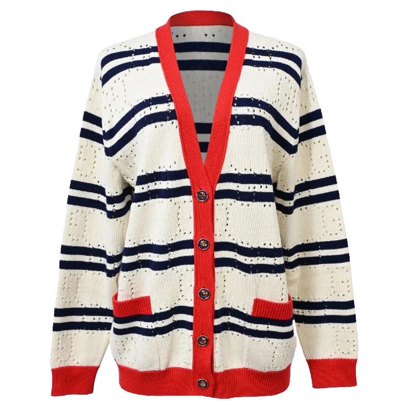 Women's Timeless Attire Gucci Love Parade Pointelle-Knit Striped Button-Down Cardigan in Cream Cotton