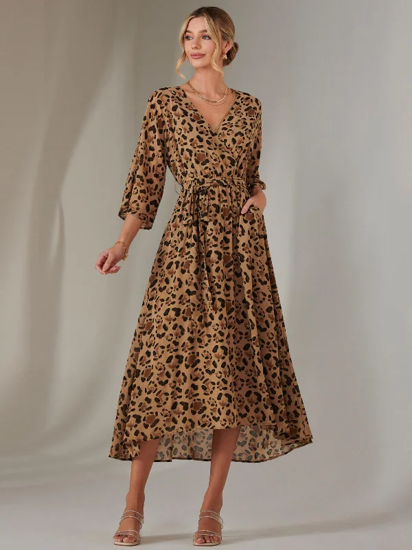 Plus-Size Women's Garments Gold Spot Printed Chiffon Maxi Dress, Brown Leopard