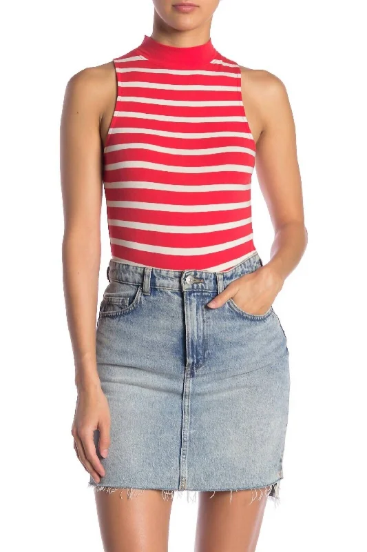 Women's Holiday Attire Striped Sleeveless Mock Neck Cotton Bodysuit In White, Red