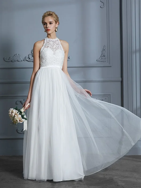 Casual Clothing For Women A-Line/Princess Scoop Sleeveless Tulle Floor-Length Wedding Dresses