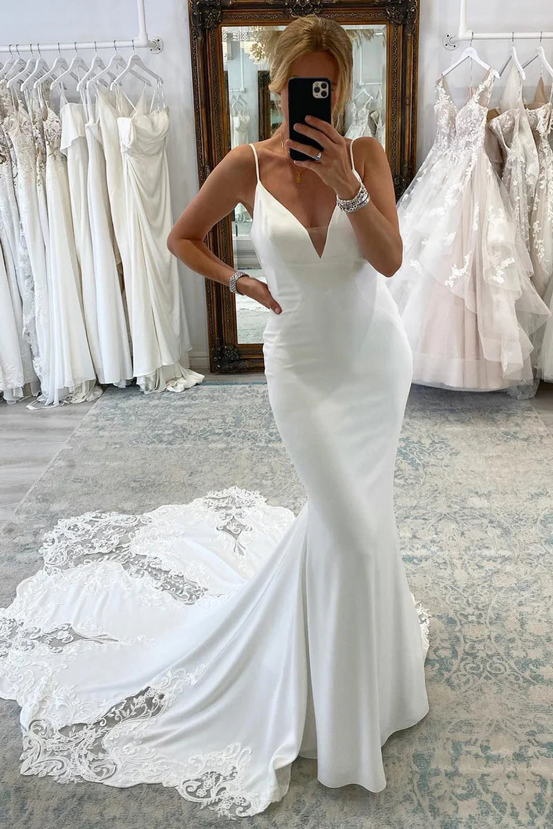 Women's Clothing Wedding Dress White Spaghetti Straps Long Mermaid with Lace