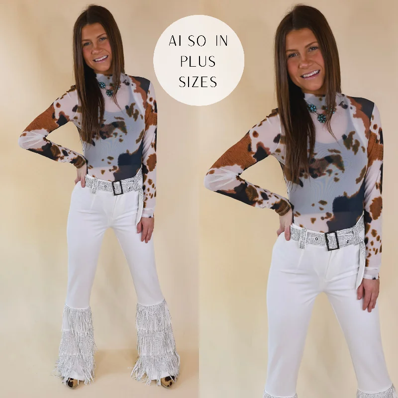 Women's Comfy Attire For Lounging Try Your Luck Cow Print Mesh Long Sleeve Bodysuit in Brown and Black