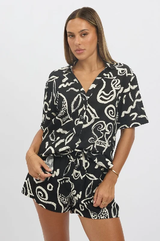 Women's Casual Apparel For Weekends Black Abstract Relaxed Shirt Short Sleeve