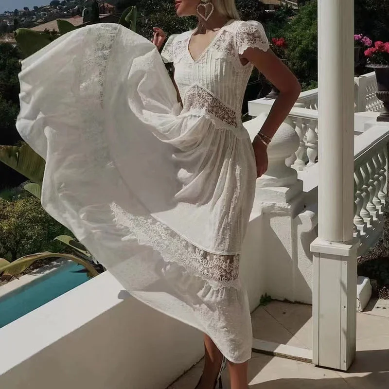 Women's Formal Event Outfit Vestidos Casuales Long Dress 2022 Autumn New V-neck Hollow Lace Sexy Ruffle Dress Women
