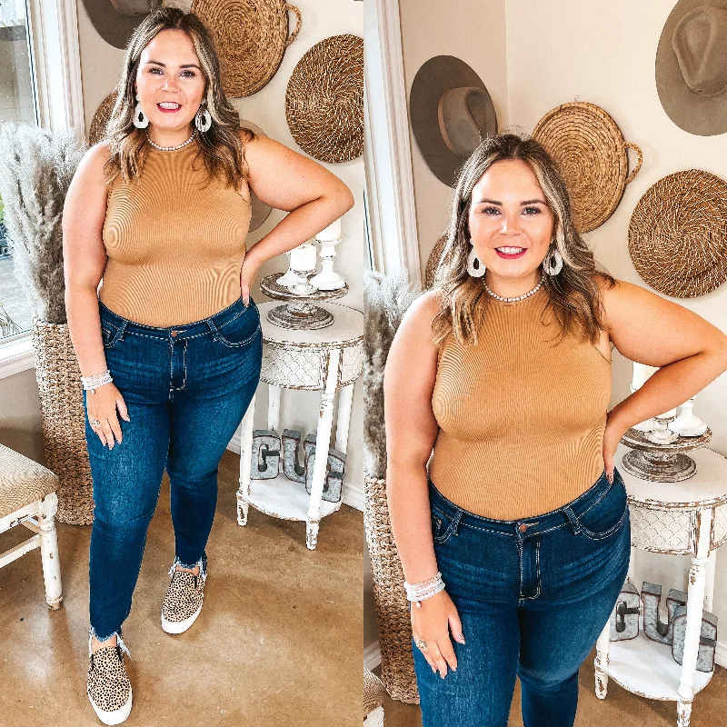 Women's Plus-Size Casual Outfit On the Lookout High Neck Ribbed Tank Top Bodysuit in Caramel Brown