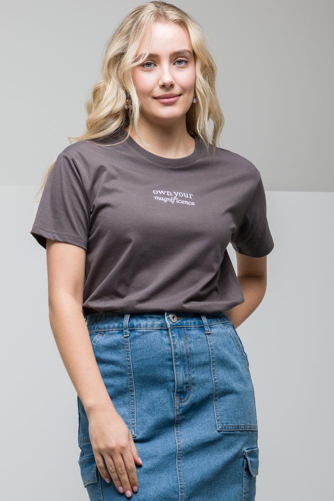 Affordable Fashion Clothing For Women Magnificence Embroidered T-Shirt Dark Grey