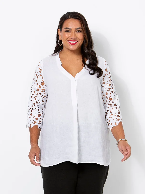 Day-To-Night Styles Sicily White Lace and Linen Top