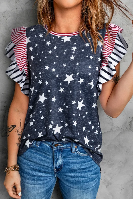 Buy More, Save More Ruffled Sleeve Star Print T Shirt