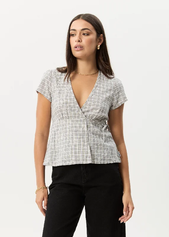 Weekend Exclusive AFENDS Womens Drew - Seersucker Tie Top - Taupe Check