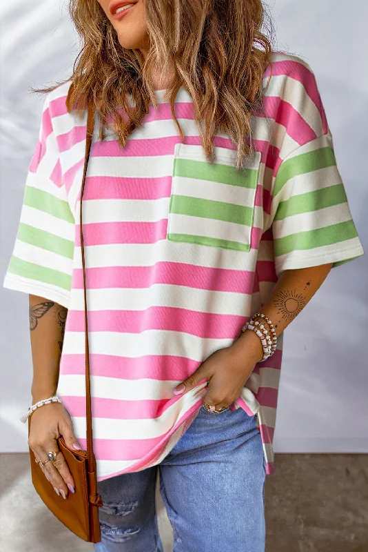 Limited Time Offers Stripe Contrast Patch Pocket Drop Sleeve T Shirt