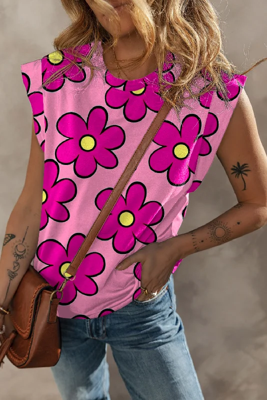 Vibrant Style Promotions Flower Print Round Neck Cap Sleeve T Shirt