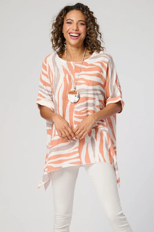 Exclusive Sale Saloos Zebra Print Panelled Cotton Top with Necklace