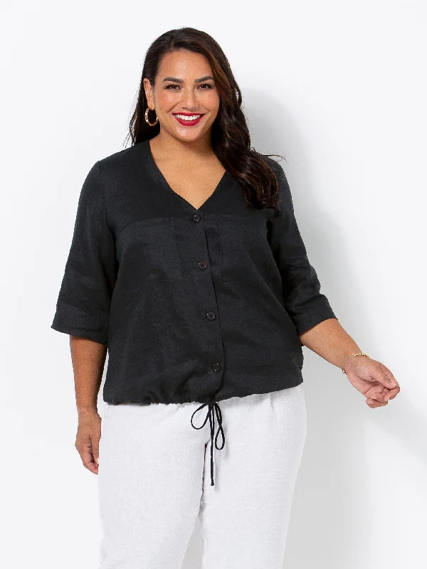 Hot Items Black Havana Button Up Linen Top