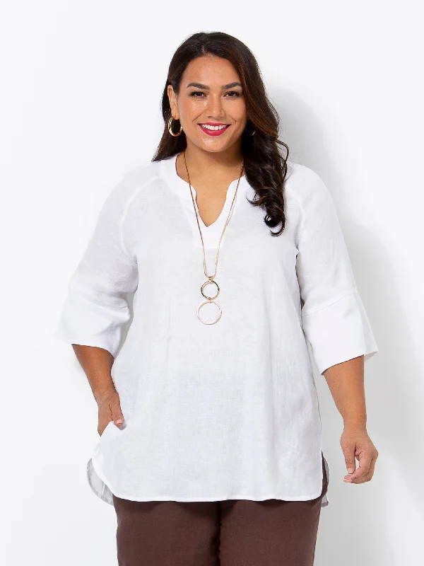 Boutique Styles White Linen V-Neck Band Top