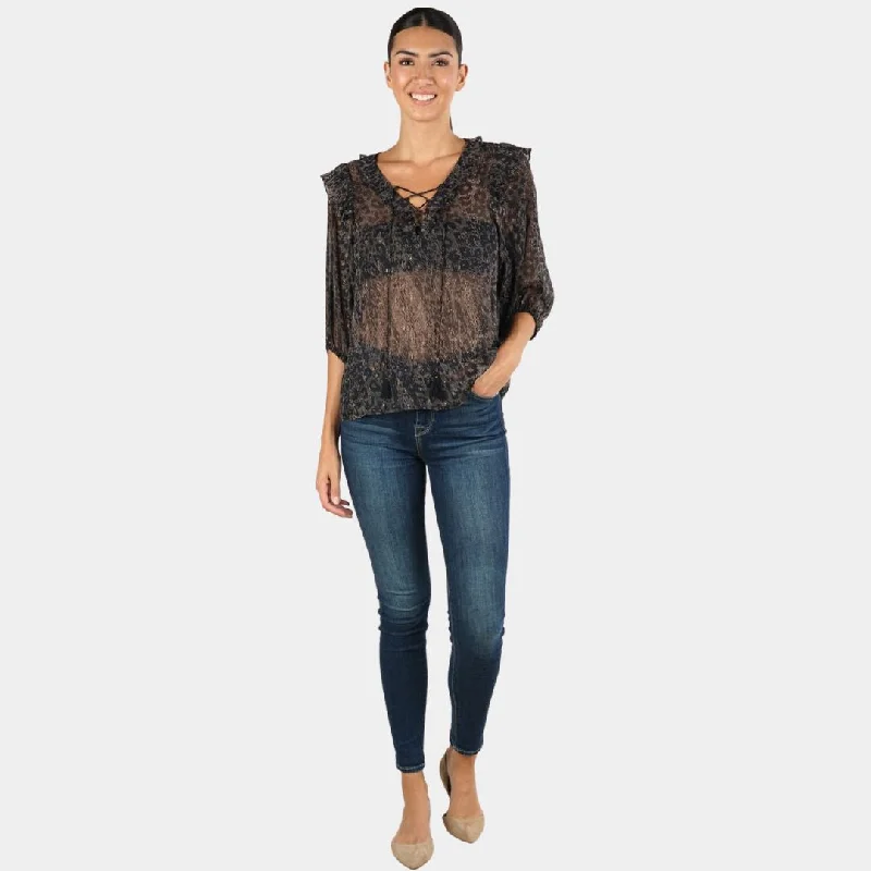 Essentials On Sale Sheer Animal Print Ruffled 3/4 Sleeve Top (Black + Sand)