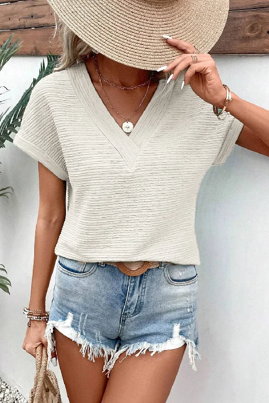 Hot Sale Textured Wide Sleeve V Neck T Shirt