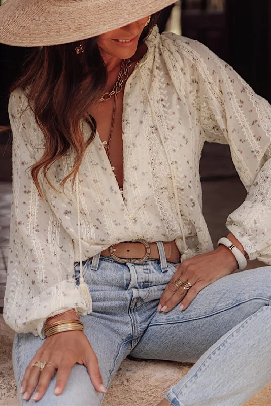 Clearance Event Embroidered Lace Bubble Sleeve Shirt