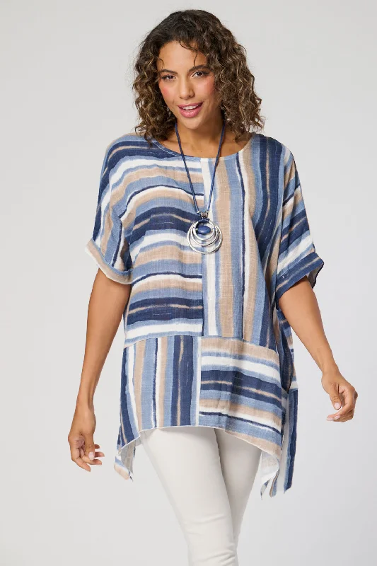 Dive Into Trendy Styles Saloos Panelled Cut About Stripy Top with Necklace