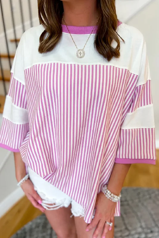 Evening Elegance Striped Patchwork 3/4 Sleeve Oversize Top