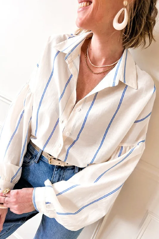 Budget-Friendly Fashion Stripe Drop Shoulder Bubble Sleeve Loose Shirt