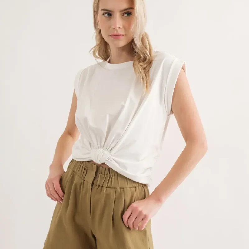 Seasonal Fashion Knit Front Knotted Top (Off White)