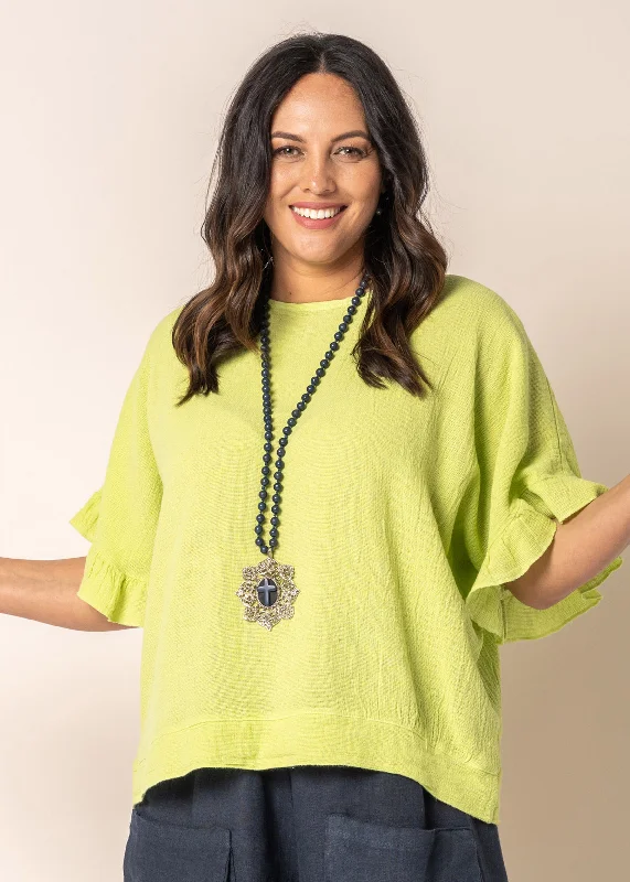 Sophisticated Street Style Offers Serenity Linen Top in Lime Splice