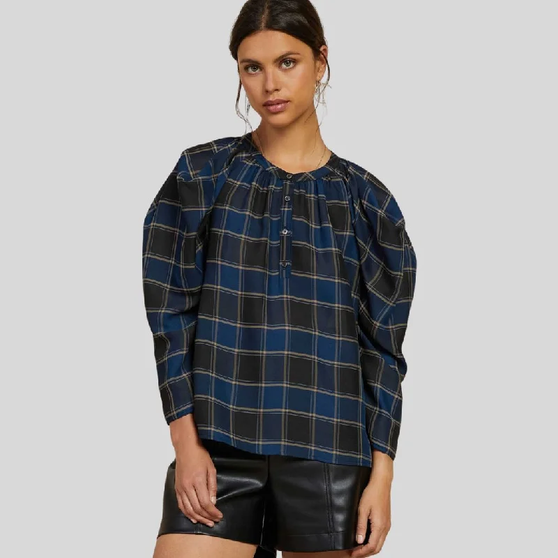 Hot Sale Plaid Puff Sleeve Top (Black + Navy Plaid)