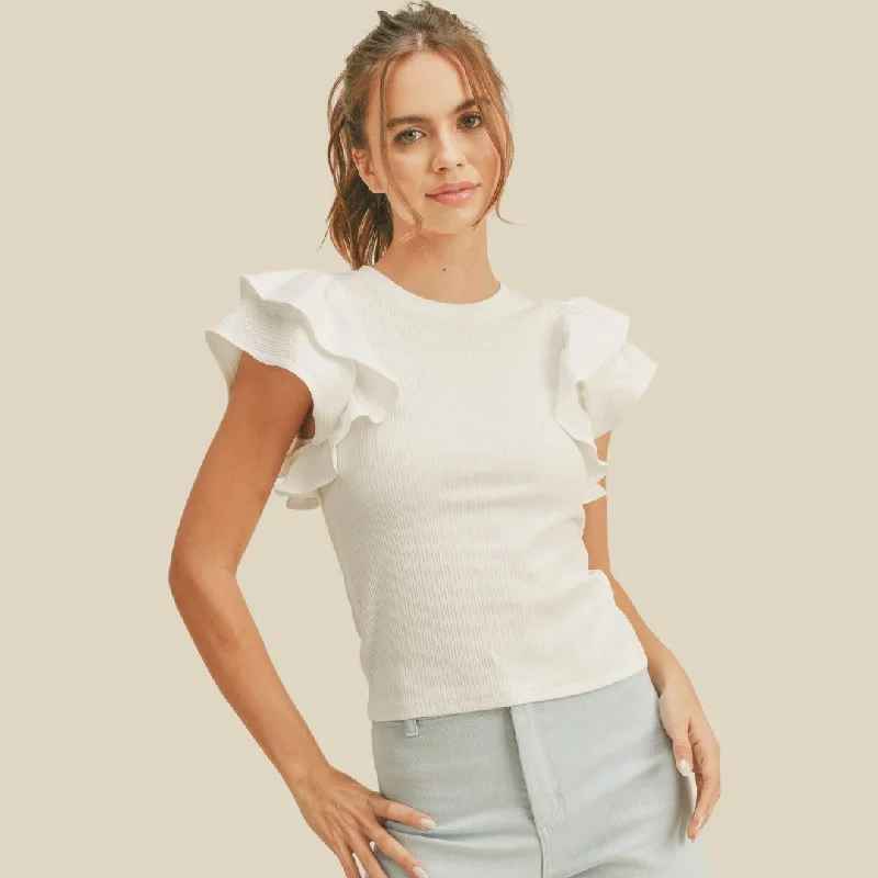 Summer Fashion Ribbed Ruffle Sleeve Top (Off White)