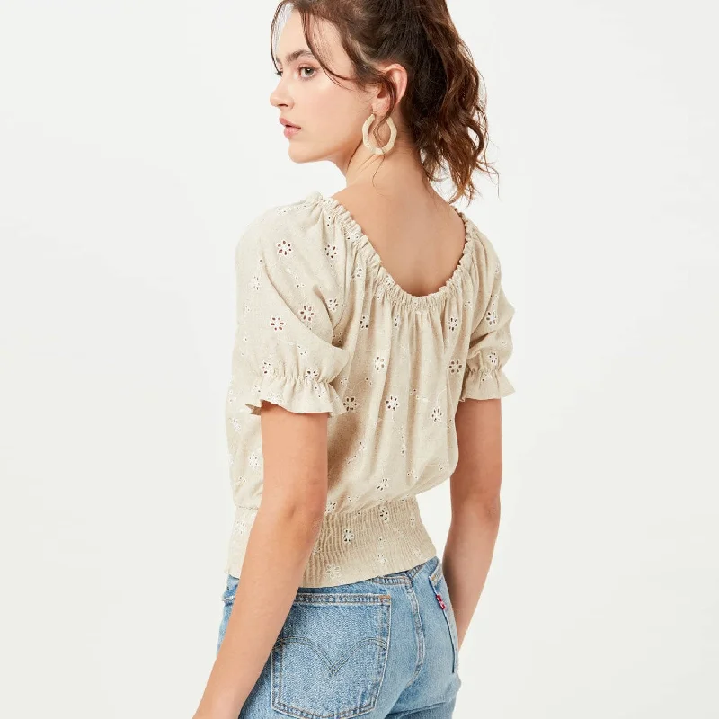 Seasonal Sale Linen Eyelet Top (Taupe)