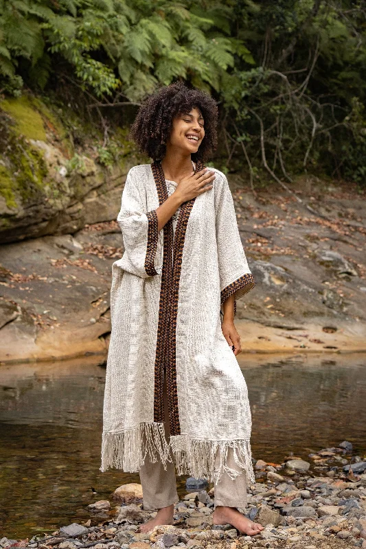 Women's Plus-Size Apparel BUNTU Beige Womens Kimono Robe Handmade Tribal African Patterns Natural Textured Cotton Shamanic Ceremony Ritual Festival Boho Gypsy AJJAYA