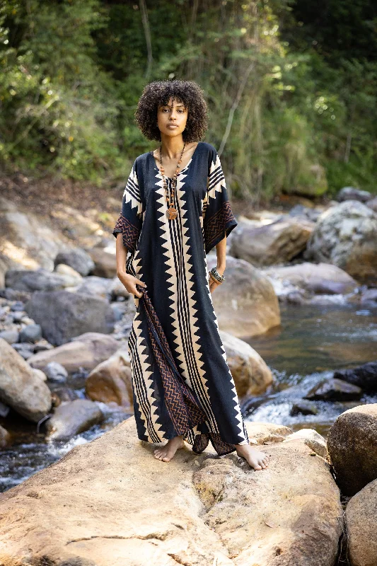 Women's Everyday Garments ELGA Kaftan Maxi Long Dress Soft Breathable Rayon Fabric Tribal Black White African Patterns Boho Festival Elegant Shamanic AJJAYA