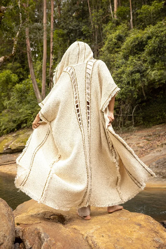 Women's Seasonal Wardrobe Clothing MAGOS WIZARD Ivory Beige Long Hooded Kimono Vest Robe Tribal Ritual Ceremony Gypsy Festival Magic Ritual Primitive Rave Boho Earthy AJJAYA