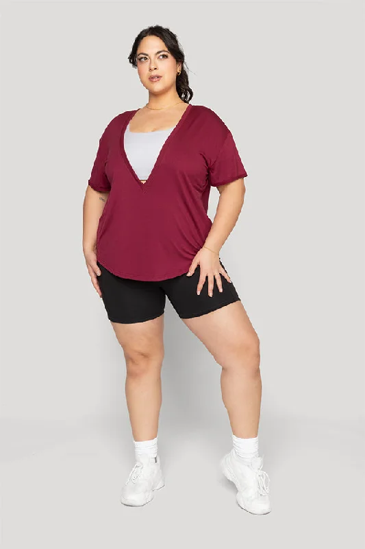 Charming Everyday Clothing For Women Reversible Deep V Tee - Sangria