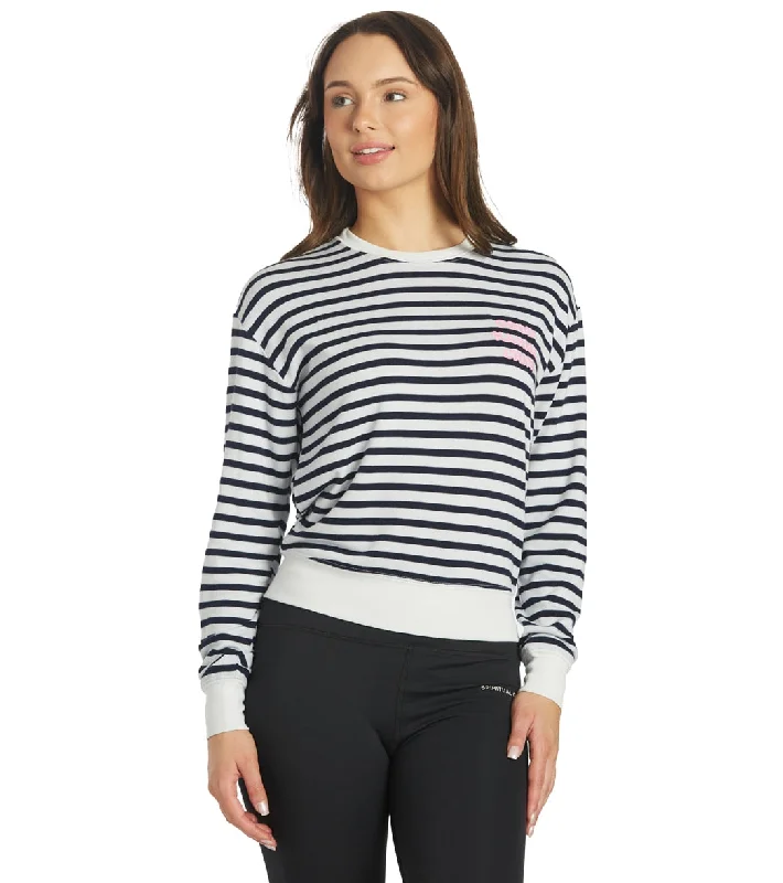 Women's Chic Outerwear Outfit Spiritual Gangster Crew Neck Savasana Pullover Navy Print Stripe