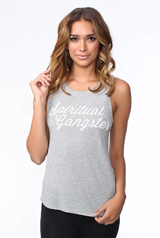 Women's Romantic Outfit Spiritual Gangster Script Muscle Tee - Grey