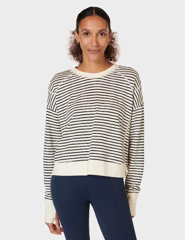 Women's Casual Apparel For Weekends After Class Crop Sweatshirt - Lily White Stripe